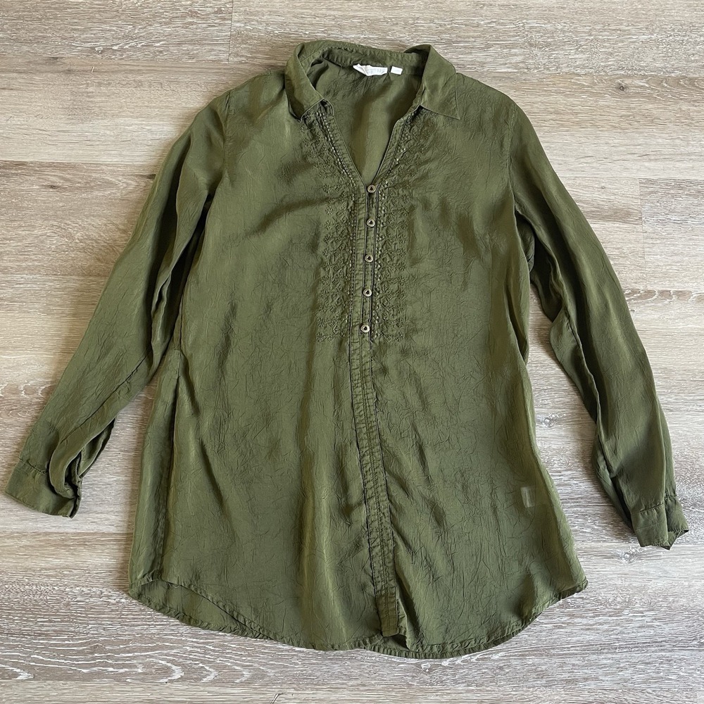 J. Jill‎ Uncommon Threads Sheer Embroidered Tunic XS Fern Green Blouse Buttons